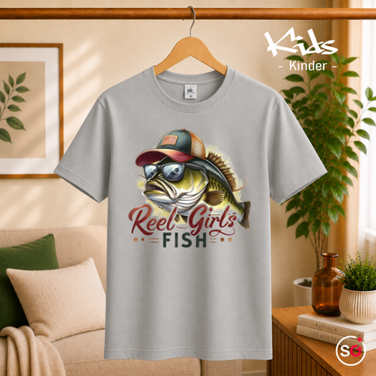 Kinder Grau – Kinder T-Shirt 'Reel Girls Fish' mit coolem Angler-Fisch Motiv