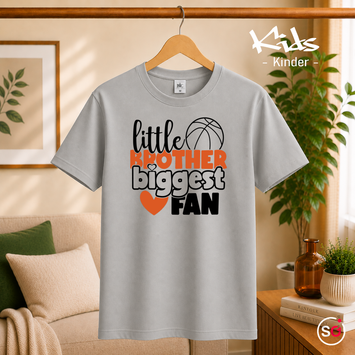 Kinder Grau – Kinder T-Shirt 'Little Brother Biggest Fan' mit Basketball & Herz