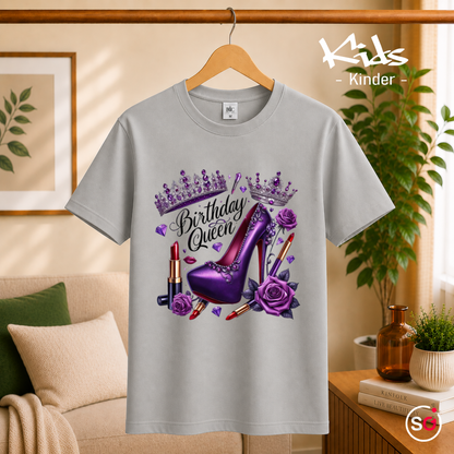 Kinder Grau – Kinder T-Shirt Birthday Queen mit lila High Heel, Krone und Glitzer-Design