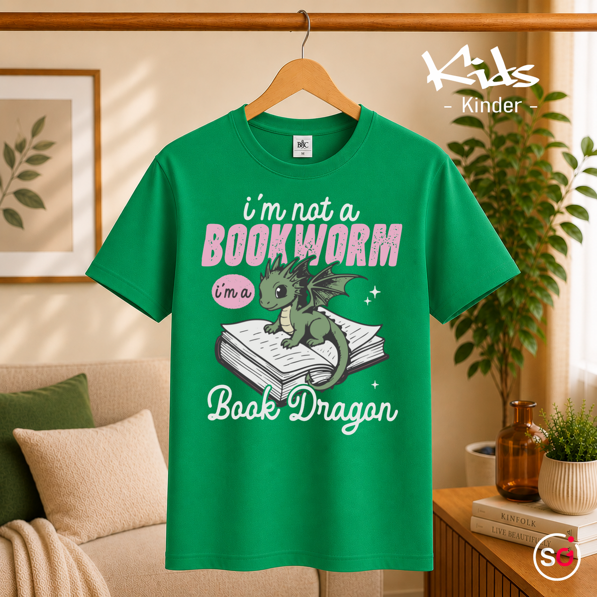 Kinder KellyGrün – Kinder T-Shirt: 'I'm not a Bookworm, I'm a Book Dragon' – Süßer Lesedrachen Motiv