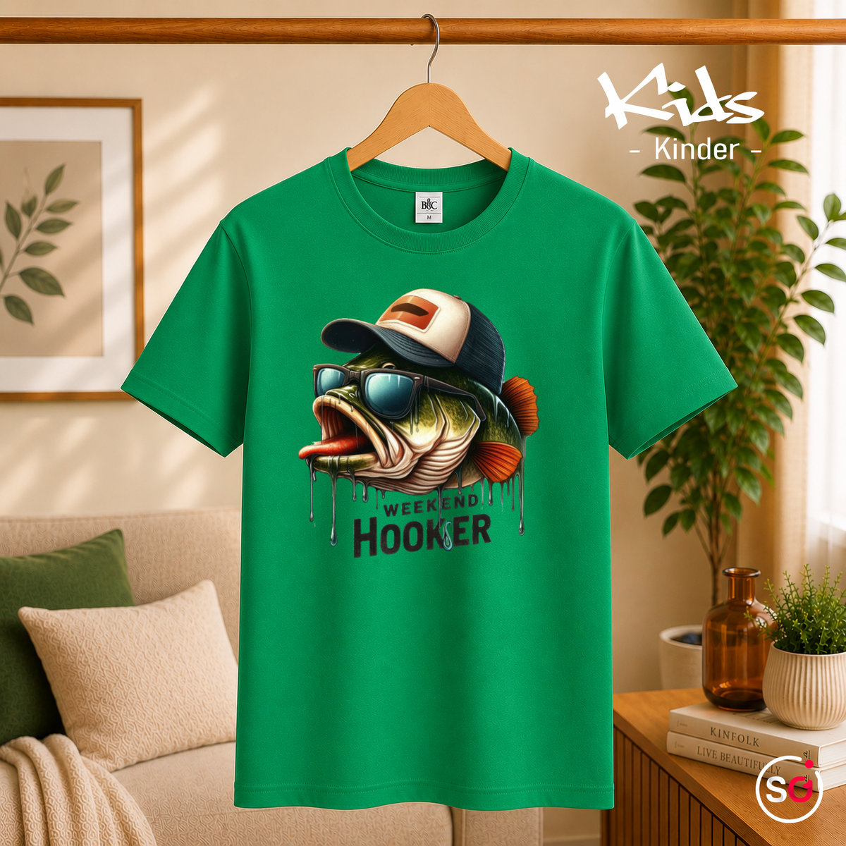 Kinder KellyGrün – Kinder T-Shirt 'Weekend Hooker' mit coolem Angler-Fisch & Cappy
