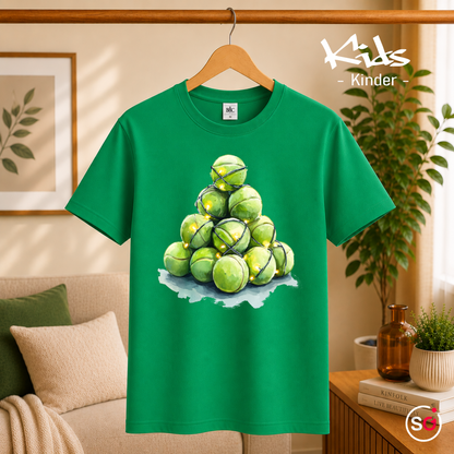 Kinder KellyGrün – Kinder T-Shirt mit Tennisball-Weihnachtsbaum & Lichterkette