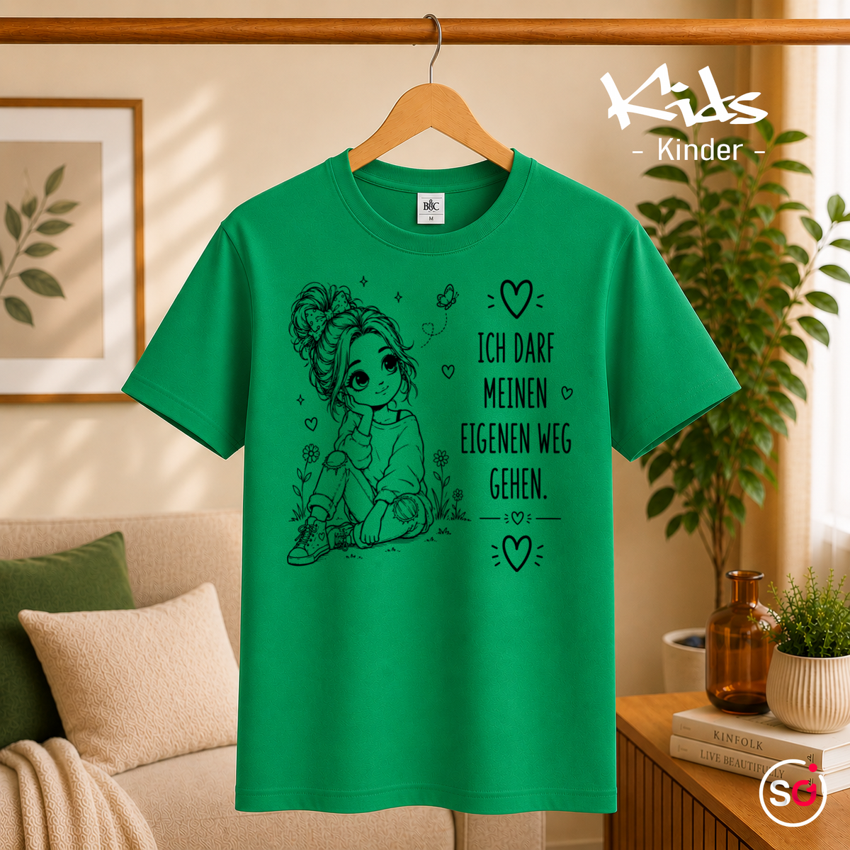 Kinder KellyGrün – Kinder T-Shirt „Ich darf meinen eigenen Weg gehen“ | Motiv für Mädchen mit Spruch & Herzen