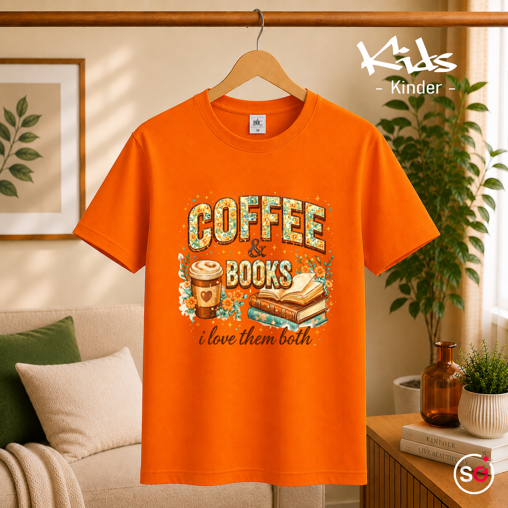 Kinder Orange – Kinder T-Shirt: 'Coffee & Books' Motiv mit Blumen – Ideal für kleine Leseratten
