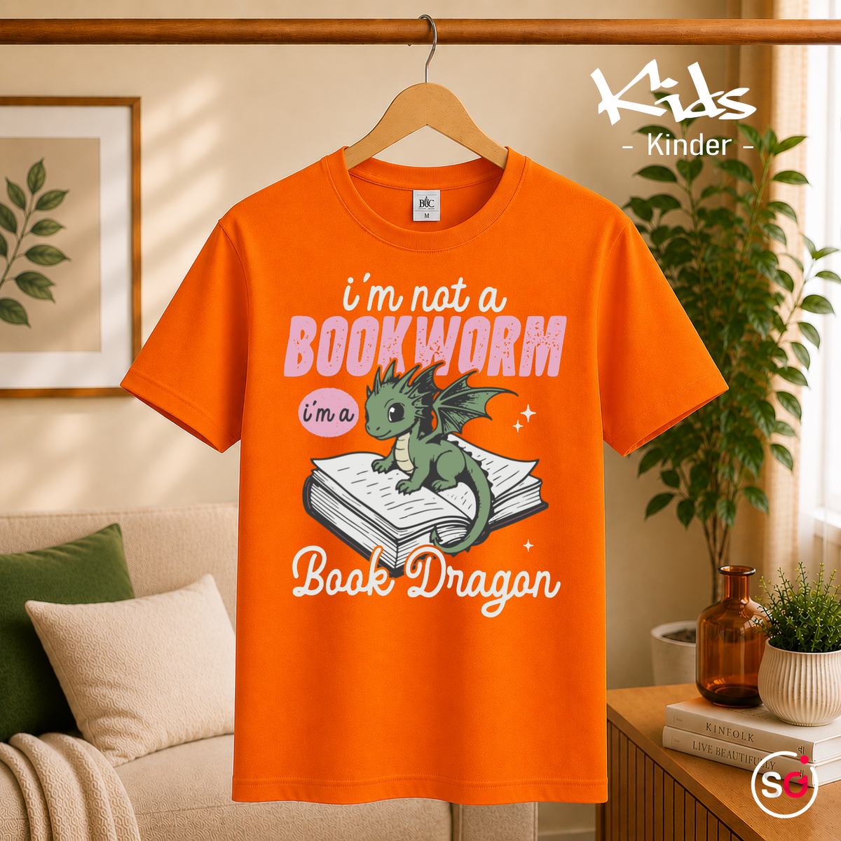 Kinder Orange – Kinder T-Shirt: 'I'm not a Bookworm, I'm a Book Dragon' – Süßer Lesedrachen Motiv