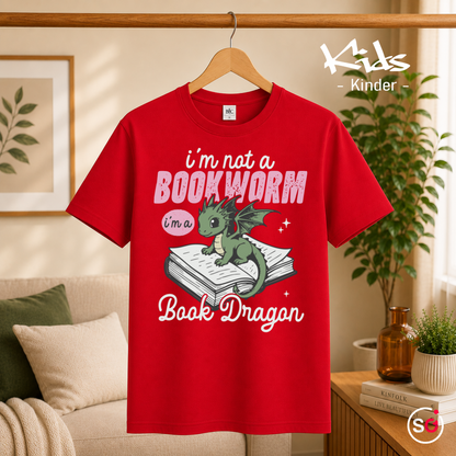 Kinder Rot – Kinder T-Shirt: 'I'm not a Bookworm, I'm a Book Dragon' – Süßer Lesedrachen Motiv
