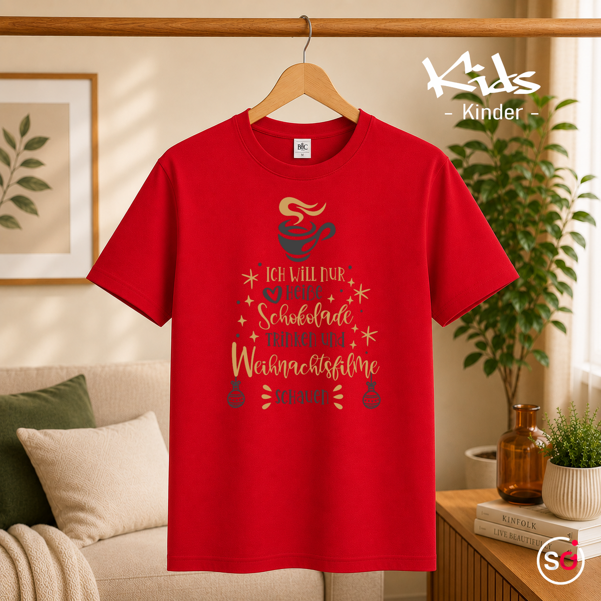 Kinder Rot – Kinder T-Shirt Weihnachten: Heiße Schokolade & Weihnachtsfilme Spruch