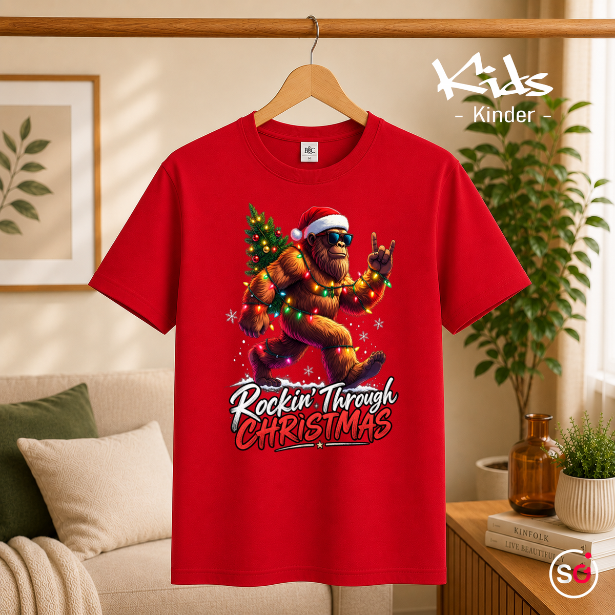 Kinder Rot – Kinder T-Shirt mit coolem Bigfoot Motiv: Rockin' Through Christmas