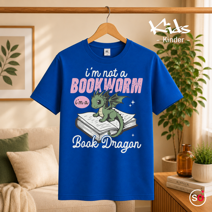 Kinder RoyalBlau – Kinder T-Shirt: 'I'm not a Bookworm, I'm a Book Dragon' – Süßer Lesedrachen Motiv
