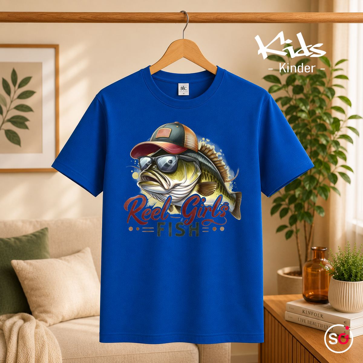 Kinder RoyalBlau – Kinder T-Shirt 'Reel Girls Fish' mit coolem Angler-Fisch Motiv