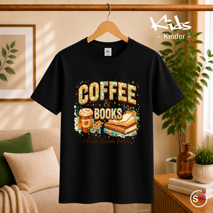Kinder Schwarz – Kinder T-Shirt: 'Coffee & Books' Motiv mit Blumen – Ideal für kleine Leseratten
