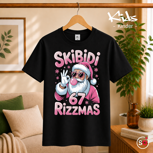 Kinder Schwarz – Kinder T-Shirt: Skibidi Rizzmas Santa mit Sonnenbrille & Bubblegum