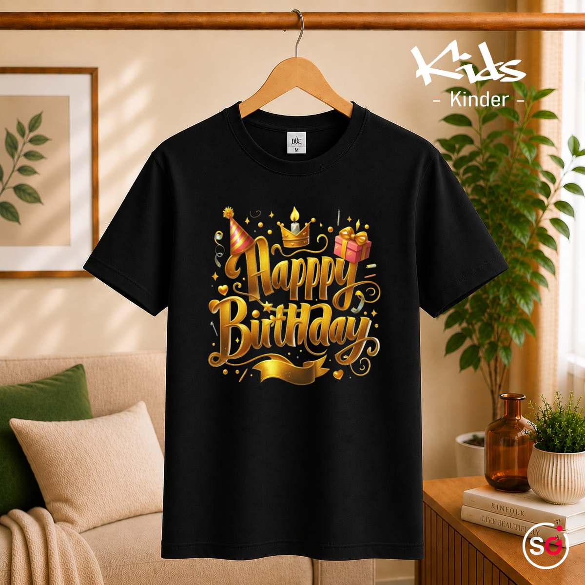 Kinder Schwarz – Kinder T-Shirt Happy Birthday – Goldener 3D Schriftzug mit Krone, Partyhut & Geschenk Motiv