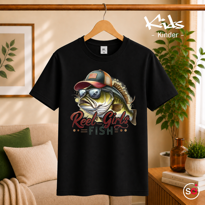 Kinder Schwarz – Kinder T-Shirt 'Reel Girls Fish' mit coolem Angler-Fisch Motiv