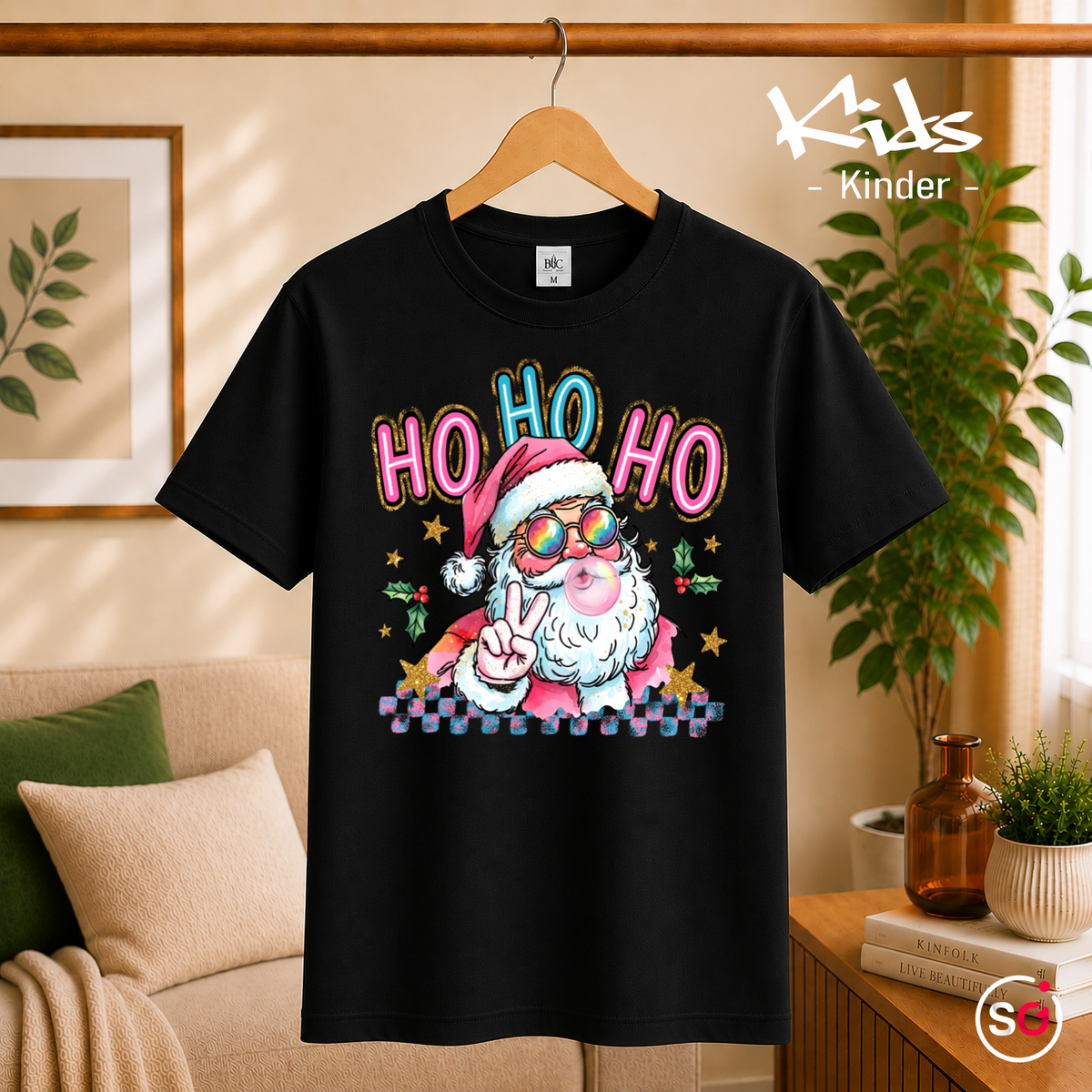 Kinder Schwarz – Cooler Weihnachtsmann Kinder T-Shirt mit Sonnenbrille & Kaugummi | HO HO HO Design