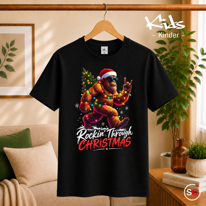 Kinder Schwarz – Kinder T-Shirt mit coolem Bigfoot Motiv: Rockin' Through Christmas