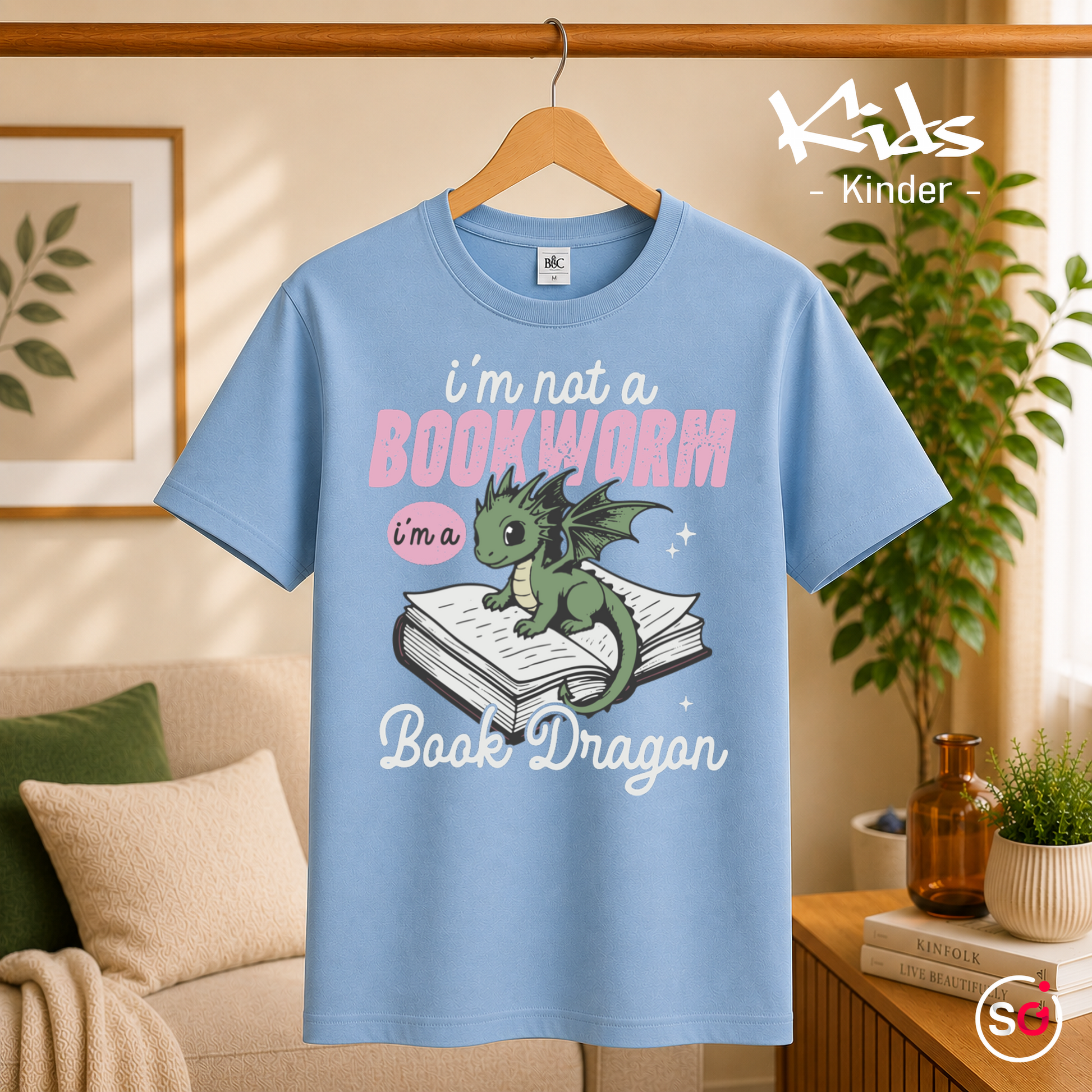 Kinder SkyBlau – Kinder T-Shirt: 'I'm not a Bookworm, I'm a Book Dragon' – Süßer Lesedrachen Motiv