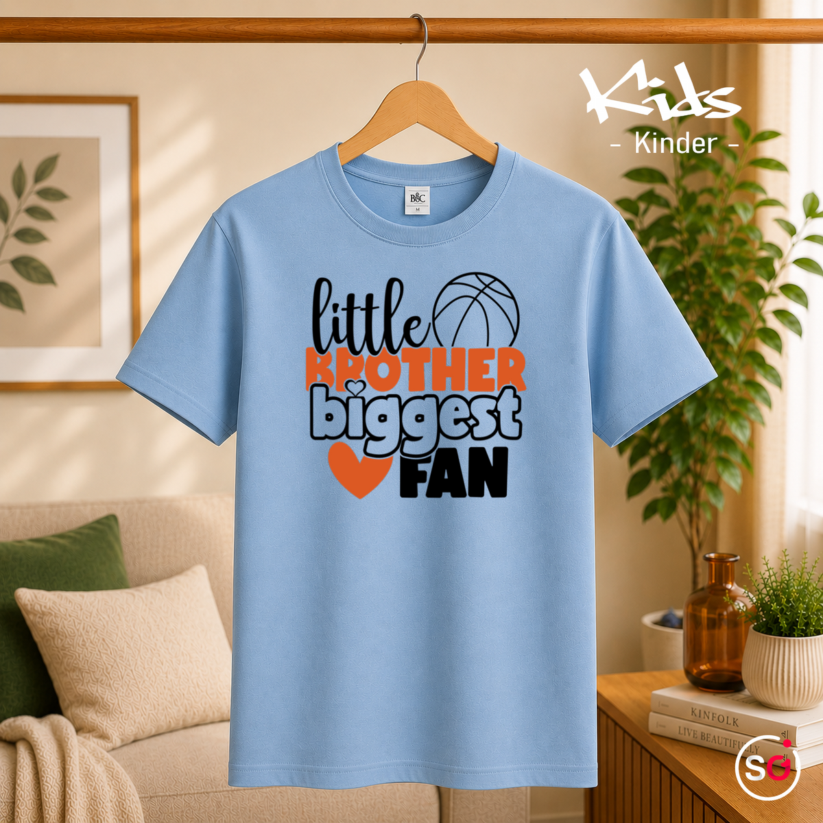 Kinder SkyBlau – Kinder T-Shirt 'Little Brother Biggest Fan' mit Basketball & Herz