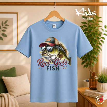 Kinder SkyBlau – Kinder T-Shirt 'Reel Girls Fish' mit coolem Angler-Fisch Motiv