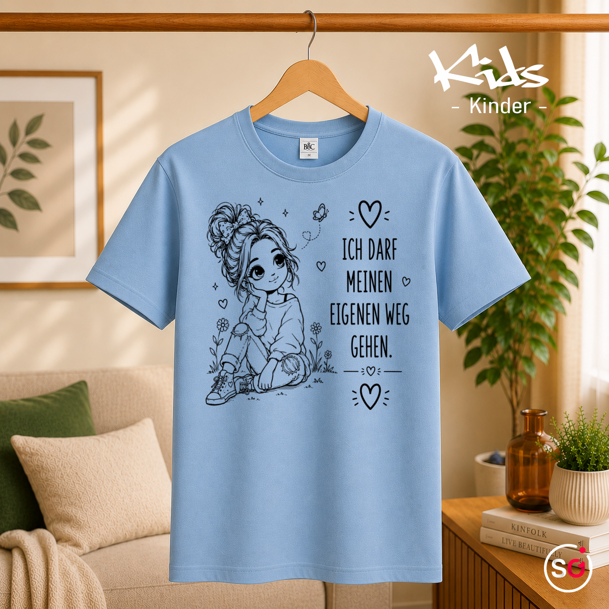 Kinder SkyBlau – Kinder T-Shirt „Ich darf meinen eigenen Weg gehen“ | Motiv für Mädchen mit Spruch & Herzen