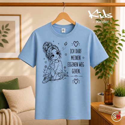 Kinder SkyBlau – Kinder T-Shirt „Ich darf meinen eigenen Weg gehen“ | Motiv für Mädchen mit Spruch & Herzen