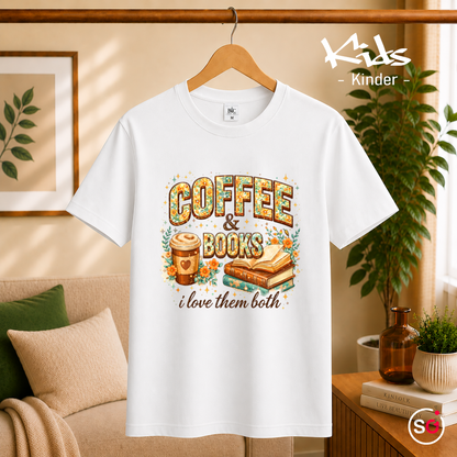 Kinder Weiß – Kinder T-Shirt: 'Coffee & Books' Motiv mit Blumen – Ideal für kleine Leseratten