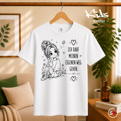 Kinder Weiß – Kinder T-Shirt „Ich darf meinen eigenen Weg gehen“ | Motiv für Mädchen mit Spruch & Herzen