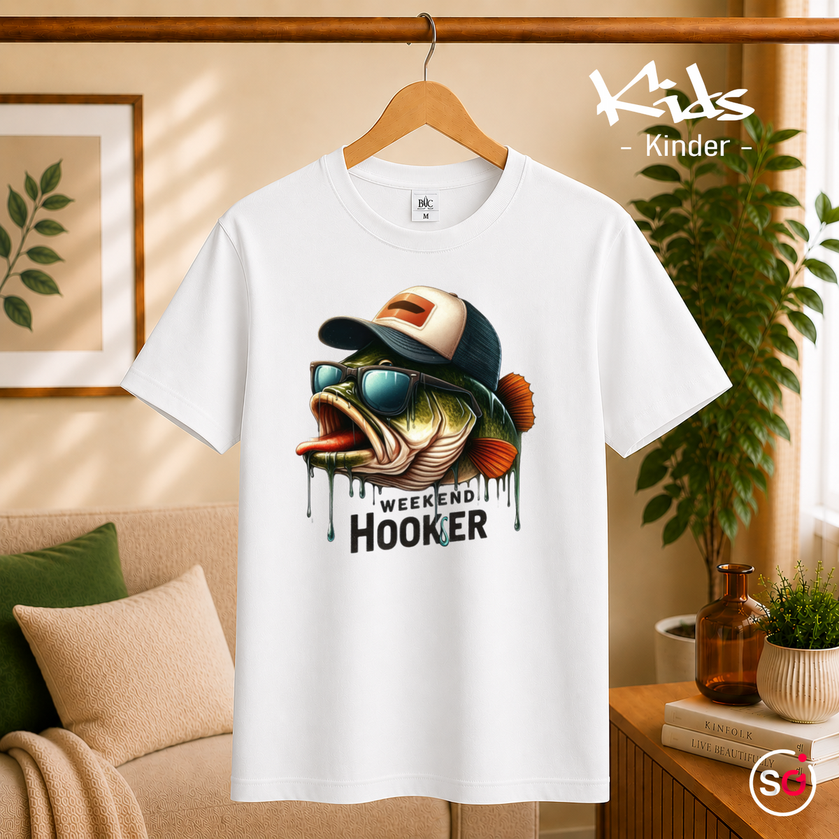 Kinder Weiß – Kinder T-Shirt 'Weekend Hooker' mit coolem Angler-Fisch & Cappy