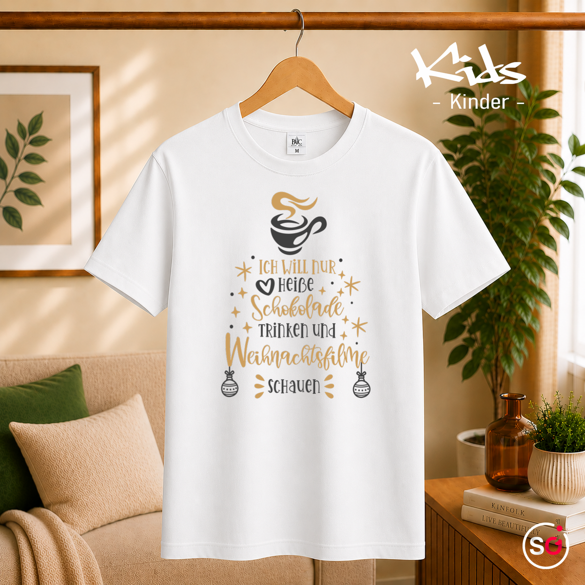 Kinder Weiß – Kinder T-Shirt Weihnachten: Heiße Schokolade & Weihnachtsfilme Spruch