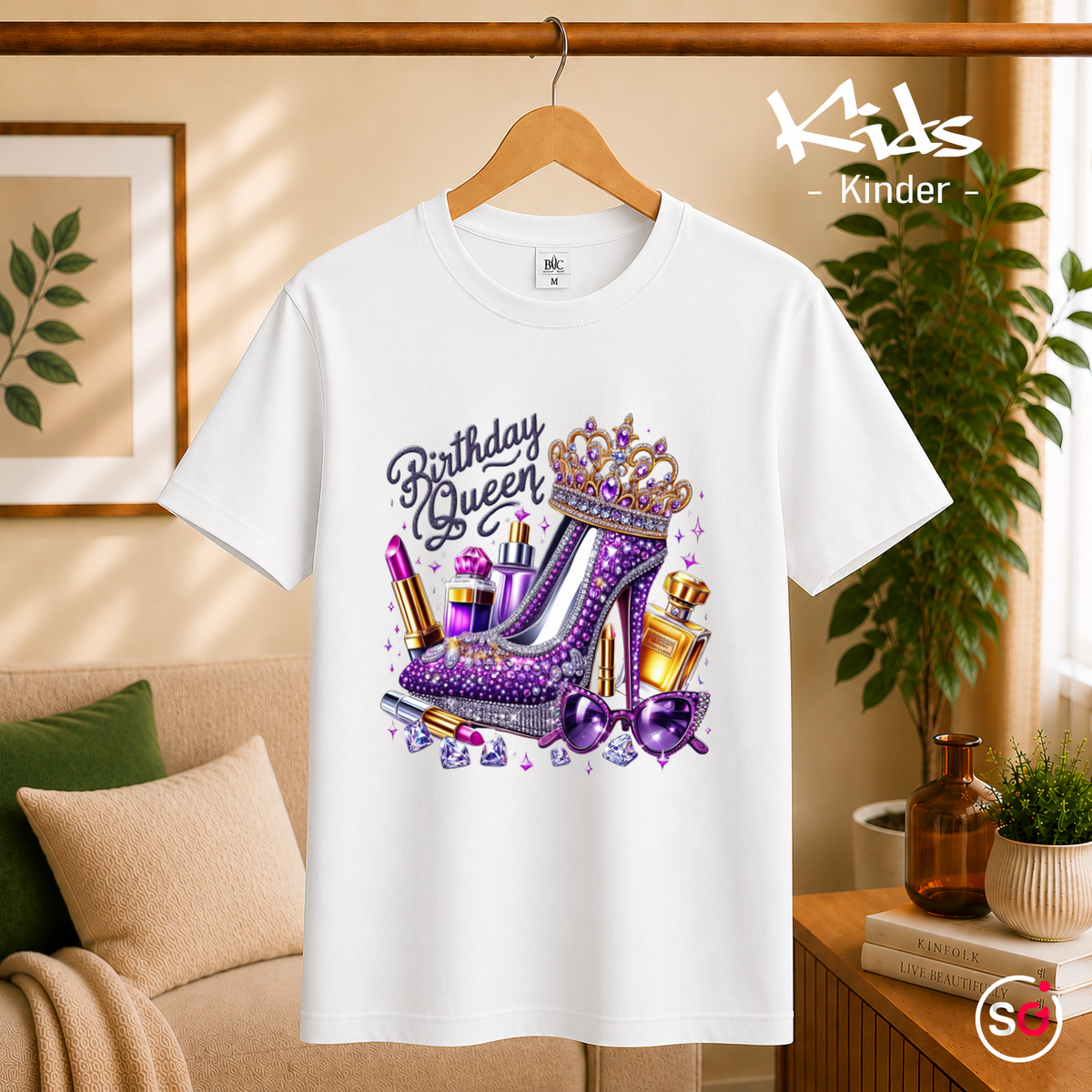 Kinder Weiß – Kinder T-Shirt Birthday Queen mit Glitzer High Heel, Krone & Make-Up Motiv
