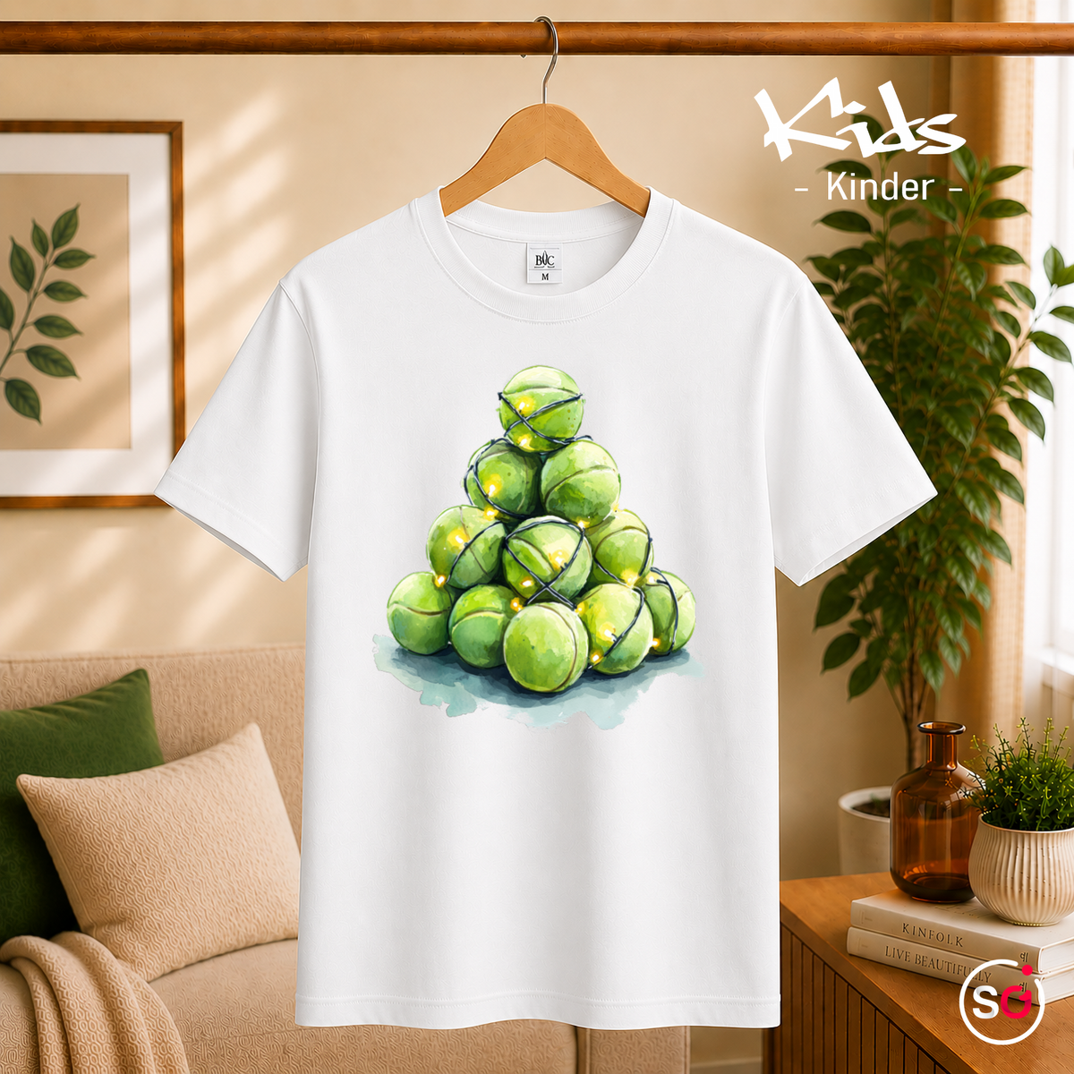 Kinder Weiß – Kinder T-Shirt mit Tennisball-Weihnachtsbaum & Lichterkette