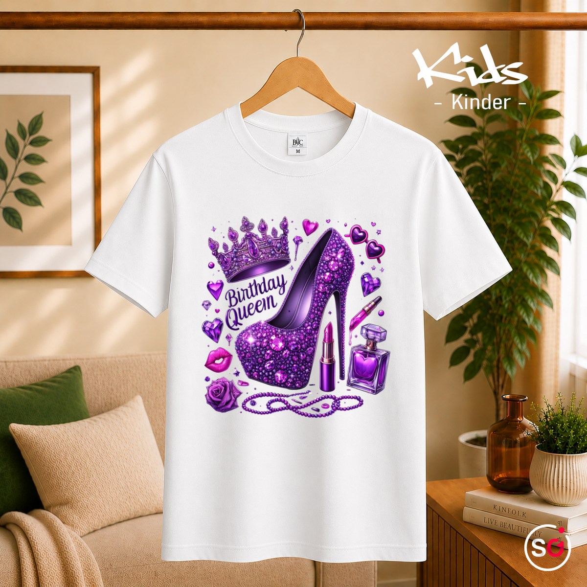 Kinder Weiß – Kinder T-Shirt Birthday Queen mit lila Glitzer-High-Heel & Krone