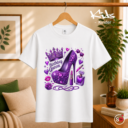 Kinder Weiß – Kinder T-Shirt Birthday Queen mit lila Glitzer-High-Heel & Krone