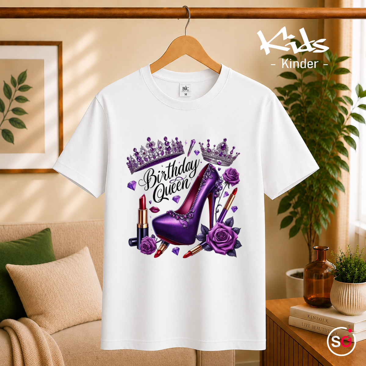 Kinder Weiß – Kinder T-Shirt Birthday Queen mit lila High Heel, Krone und Glitzer-Design