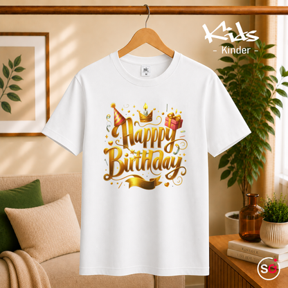 Kinder Weiß – Kinder T-Shirt Happy Birthday – Goldener 3D Schriftzug mit Krone, Partyhut & Geschenk Motiv