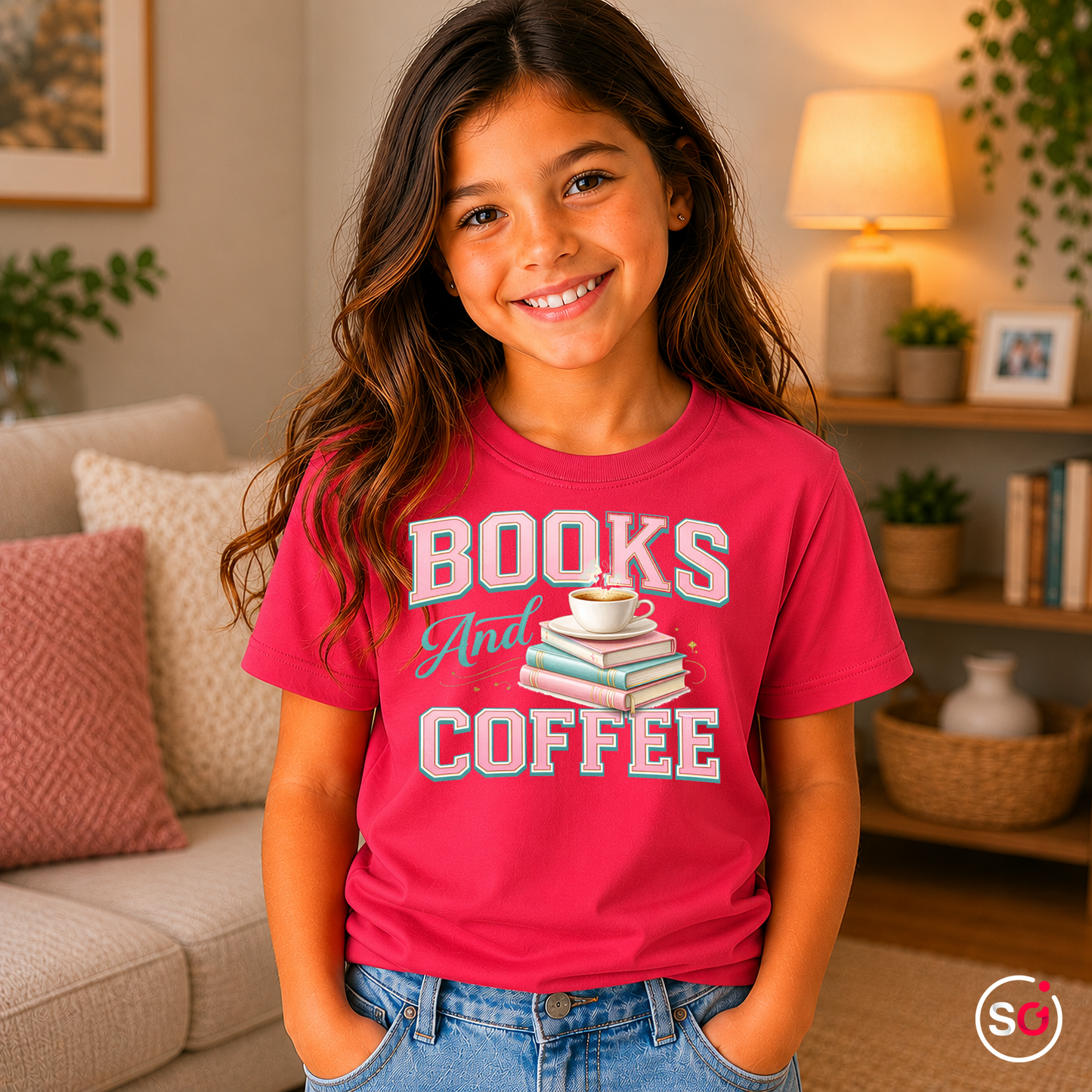 Kinder Fuchsia – Kinder T-Shirt "Books & Coffee" – Süßes Motiv für kleine Leseratten