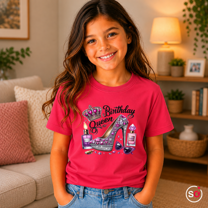 Kinder Fuchsia – Kinder T-Shirt 'Birthday Queen' mit Glitzer High Heel & Krone