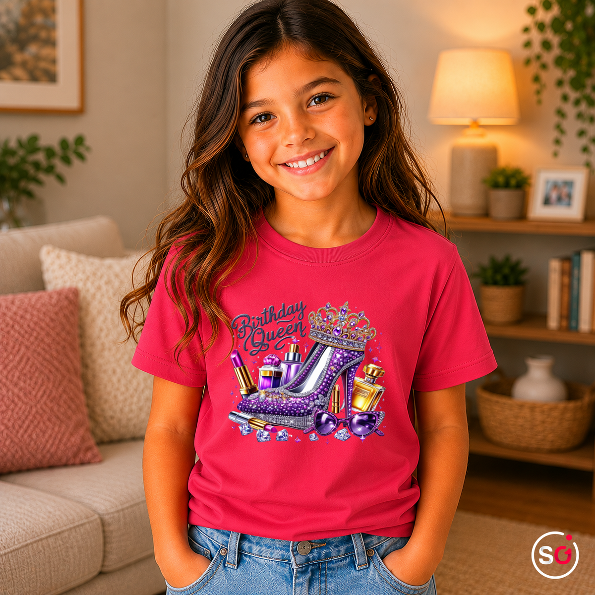 Kinder Fuchsia – Kinder T-Shirt Birthday Queen mit Glitzer High Heel, Krone & Make-Up Motiv