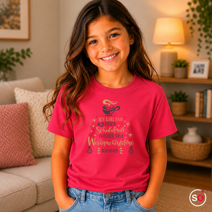 Kinder Fuchsia – Kinder T-Shirt Weihnachten: Heiße Schokolade & Weihnachtsfilme Spruch