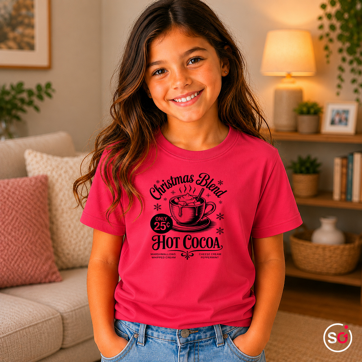 Kinder Fuchsia – Kinder Weihnachts-T-Shirt 'Hot Cocoa' im Vintage-Werbestil