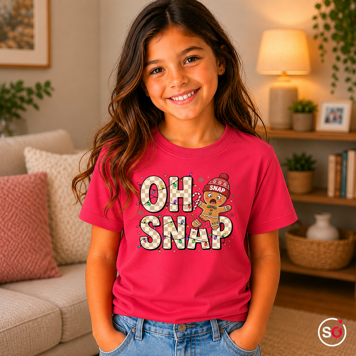 Kinder Fuchsia – Kinder T-Shirt 'Oh Snap' mit lustigem Lebkuchenmann | Weihnachtliches Design mit Lichterkette