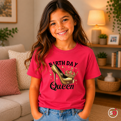 Kinder Fuchsia – Kinder T-Shirt 'Birthday Queen' mit goldenem High Heel & Krone