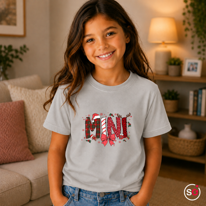 Kinder Grau – Kinder Weihnachts-T-Shirt 'MINI' mit Zuckerstange, Rentier & Karo-Muster