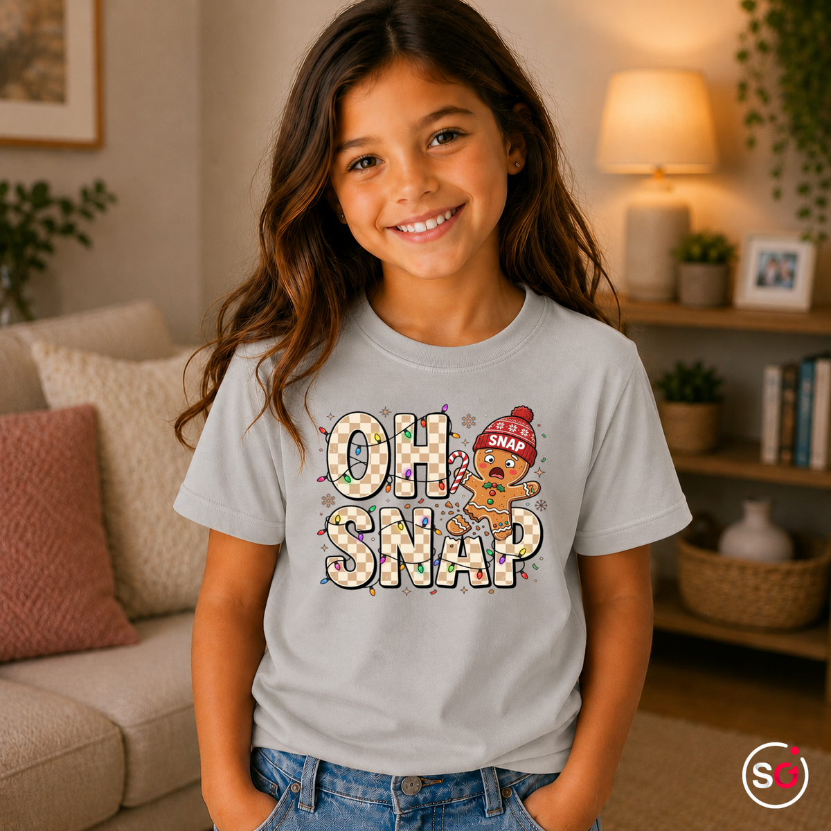 Kinder Grau – Kinder T-Shirt 'Oh Snap' mit lustigem Lebkuchenmann | Weihnachtliches Design mit Lichterkette