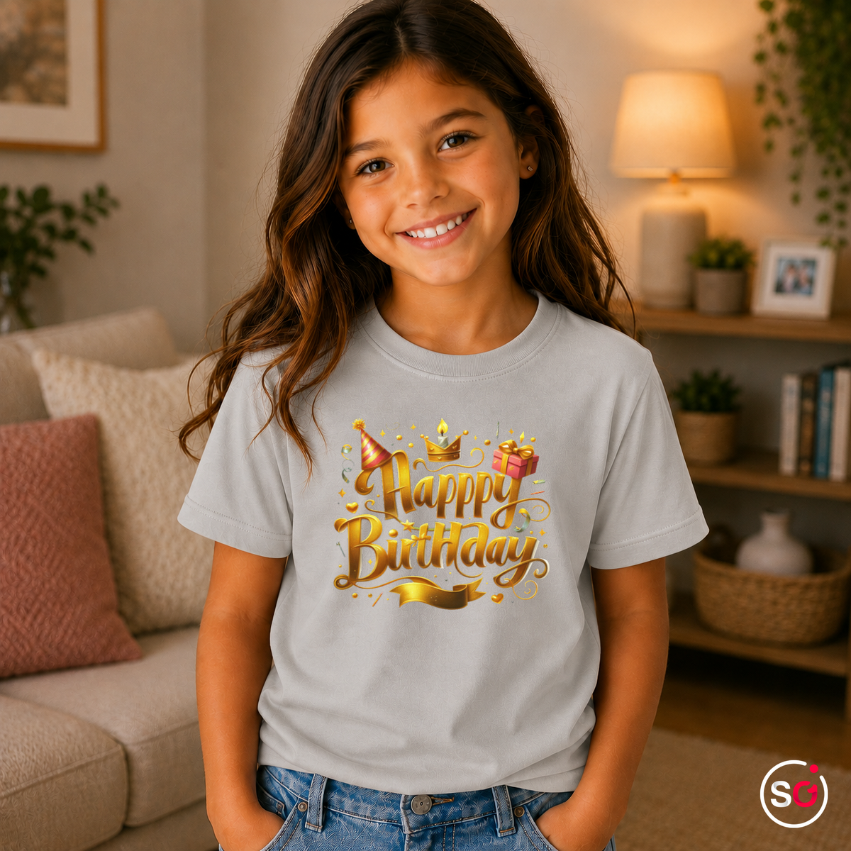 Kinder Grau – Kinder T-Shirt Happy Birthday – Goldener 3D Schriftzug mit Krone, Partyhut & Geschenk Motiv