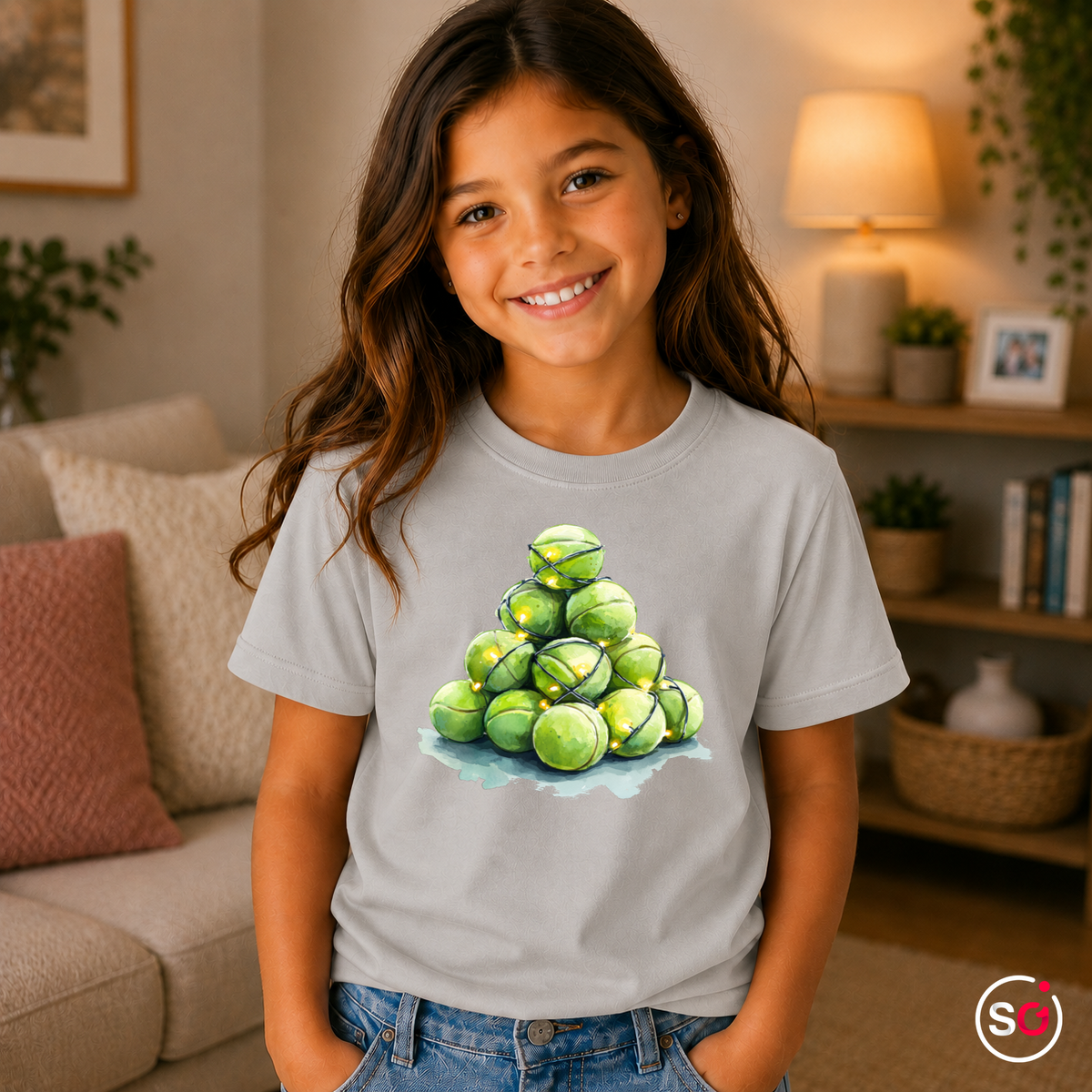 Kinder Grau – Kinder T-Shirt mit Tennisball-Weihnachtsbaum & Lichterkette