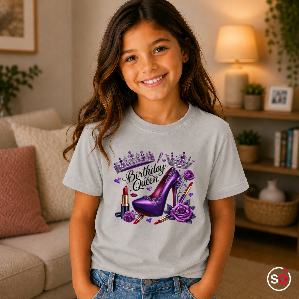 Kinder Grau – Kinder T-Shirt Birthday Queen mit lila High Heel, Krone und Glitzer-Design
