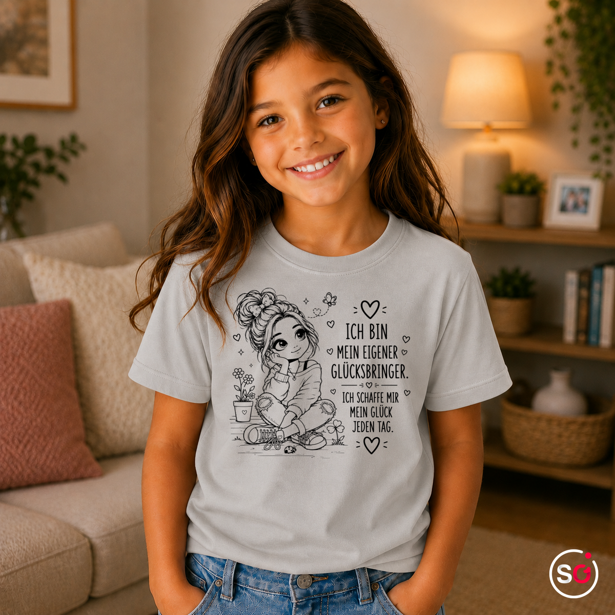 Kinder Grau – Kinder T-Shirt 'Mein eigener Glücksbringer' | Motivations-Spruch & süße Zeichnung
