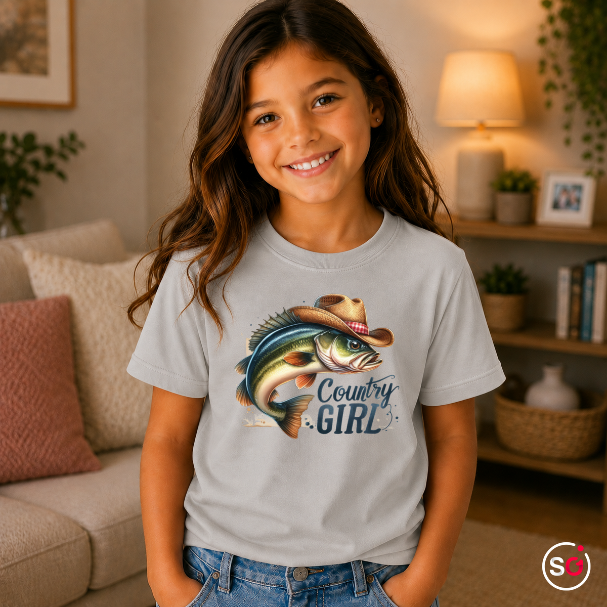 Kinder Grau – Kinder T-Shirt 'Country Girl' mit coolem Fisch im Cowboyhut | Angler- & Western-Design für Mädchen