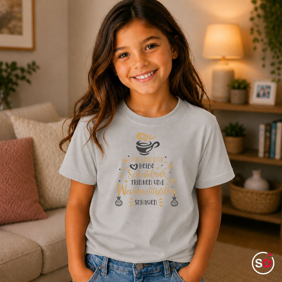 Kinder Grau – Kinder T-Shirt Weihnachten: Heiße Schokolade & Weihnachtsfilme Spruch